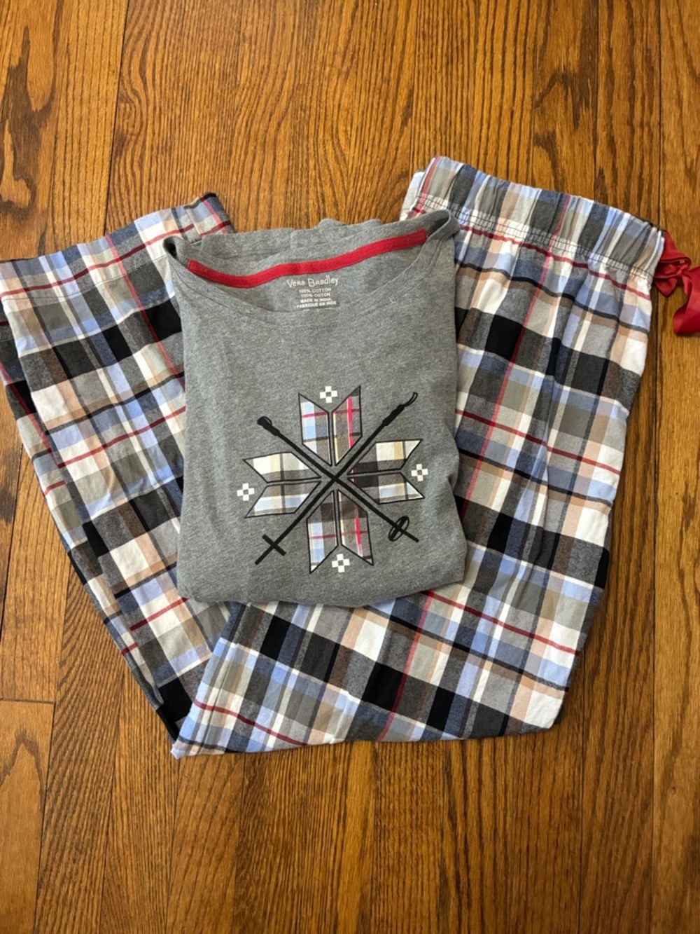 Vera Bradley PJ pajama set 100% cotton top long sleeve and plaid bottoms size L